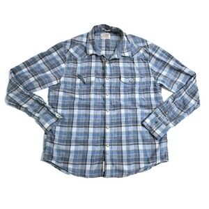 Lucky Brand Western Shirt Men's Large Plaid Blue Gray Classic Pearl Snap Button